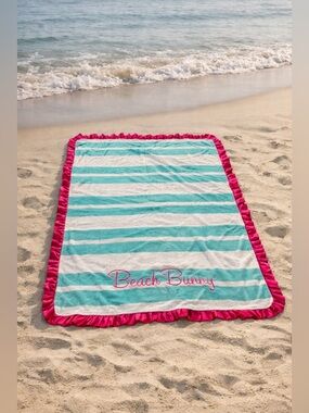 Beach Bunny Turquoise & White Striped  Swim Towel with Hot Pink Ruffle